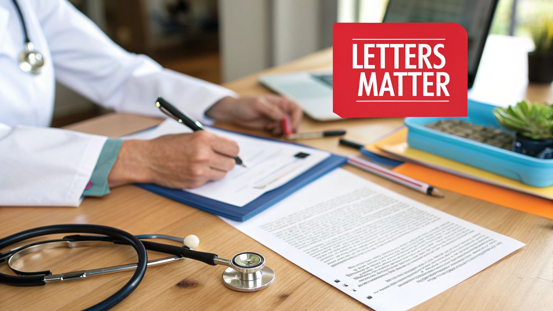A doctor in a white coat writes a document, with a stethoscope on a desk and a 'LETTERS MATTER' banner.
