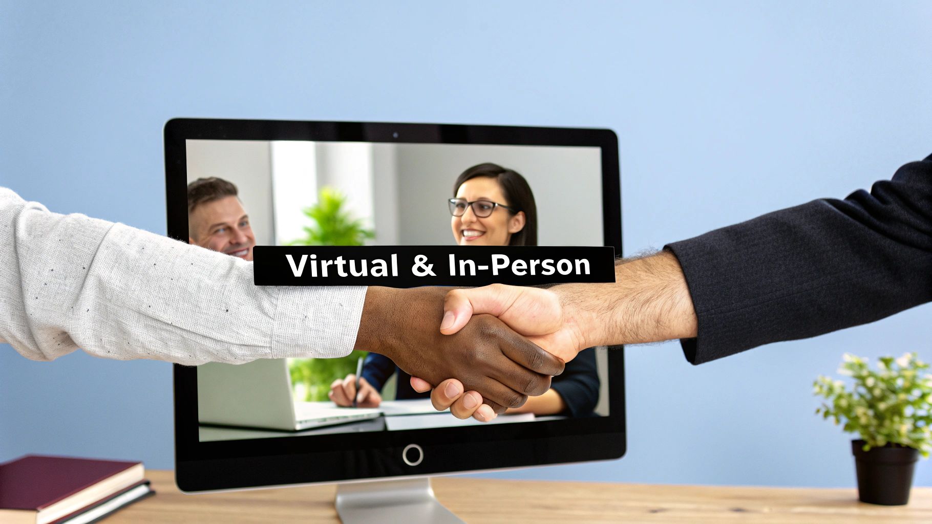 A medical student participating in a virtual residency interview from a well-lit home office.