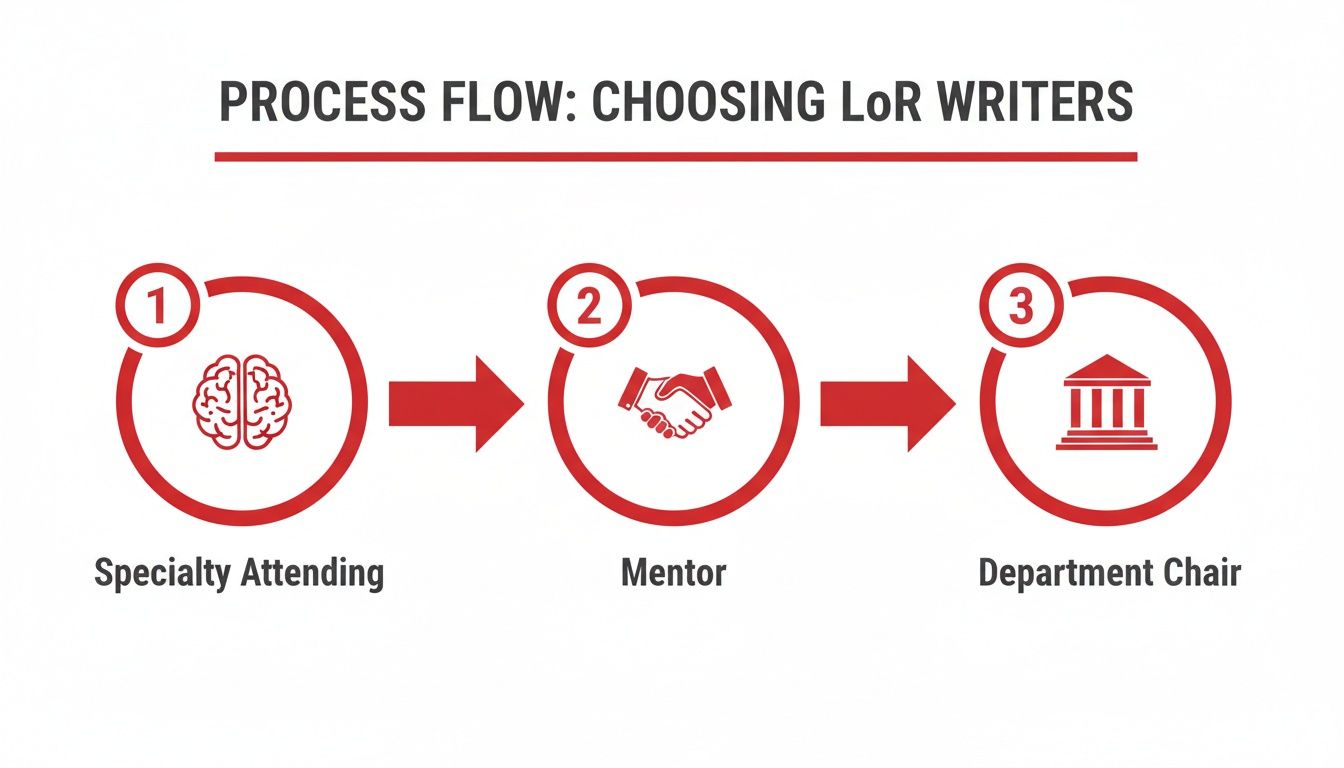 A three-step process flow diagram illustrating the selection of LoR writers: Specialty Attending, Mentor, and Department Chair.