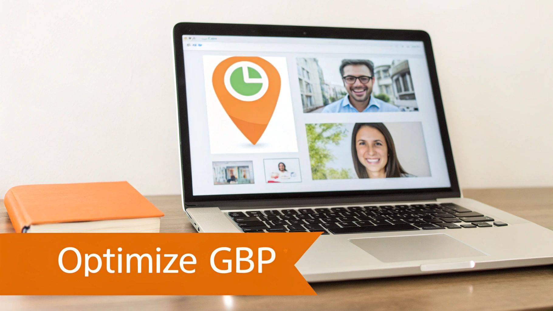 A laptop displays a video conference with smiling people and a location pin icon on a desk.