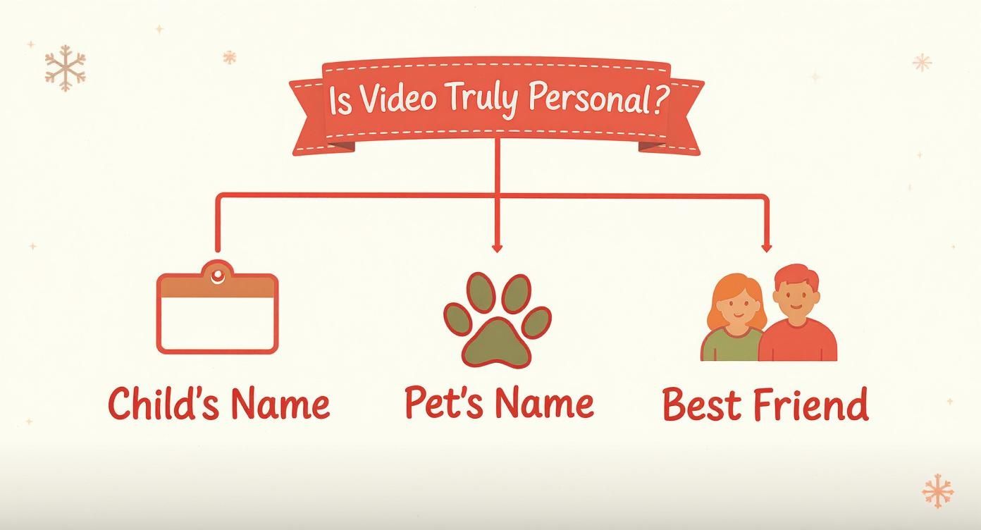 An infographic asking 'Is Video Truly Personal?' showing personalization options: Child's Name, Pet's Name, Best Friend.