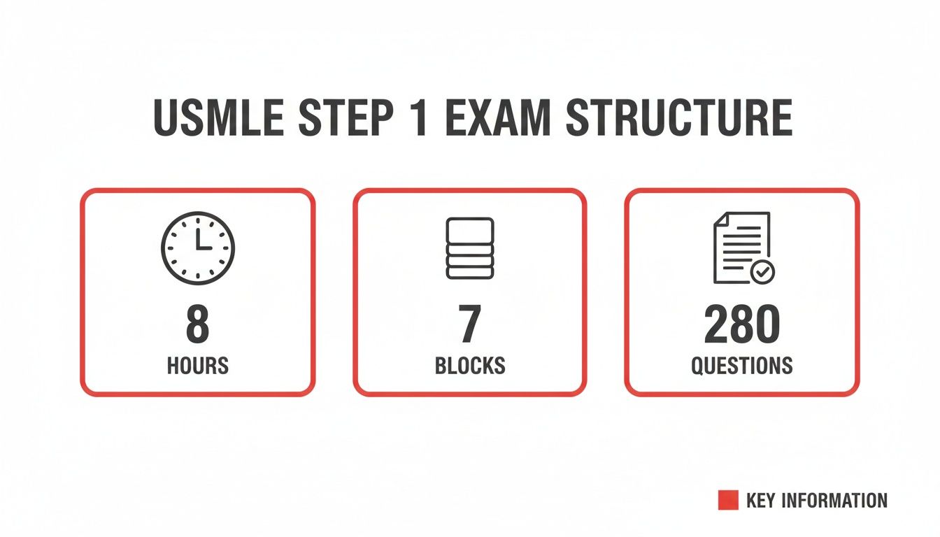 USMLE Step 1 exam structure details: 8 hours, 7 blocks, and 280 questions.