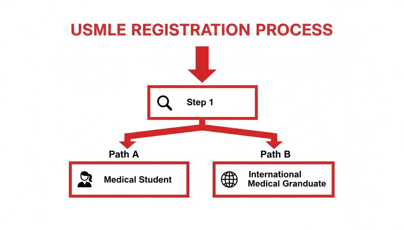 Flowchart illustrating the USMLE registration process, detailing paths for medical students and international medical graduates for Step 1.