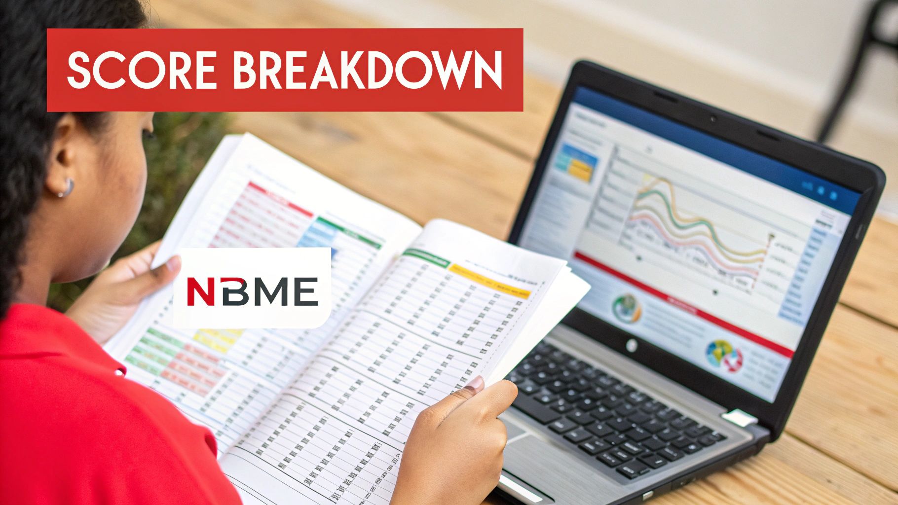 A student reviews an NBME score breakdown report in a book, with a laptop displaying performance charts.