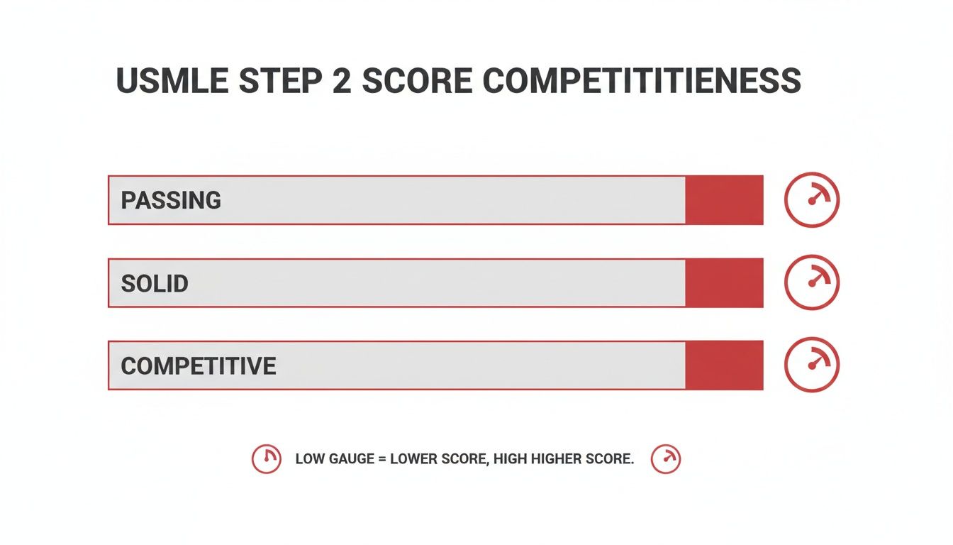 Chart illustrating USMLE Step 2 score competitiveness categories: passing, solid, and competitive score ranges.