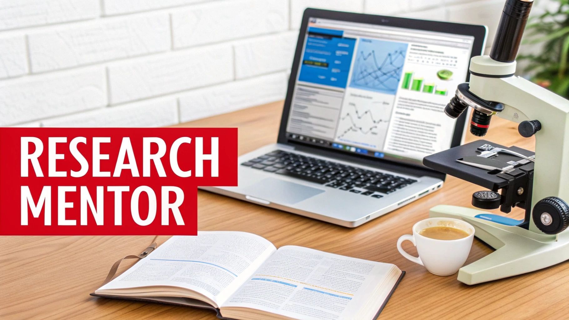 A research mentor's workstation with a laptop, microscope, open book, and coffee on a wooden desk.
