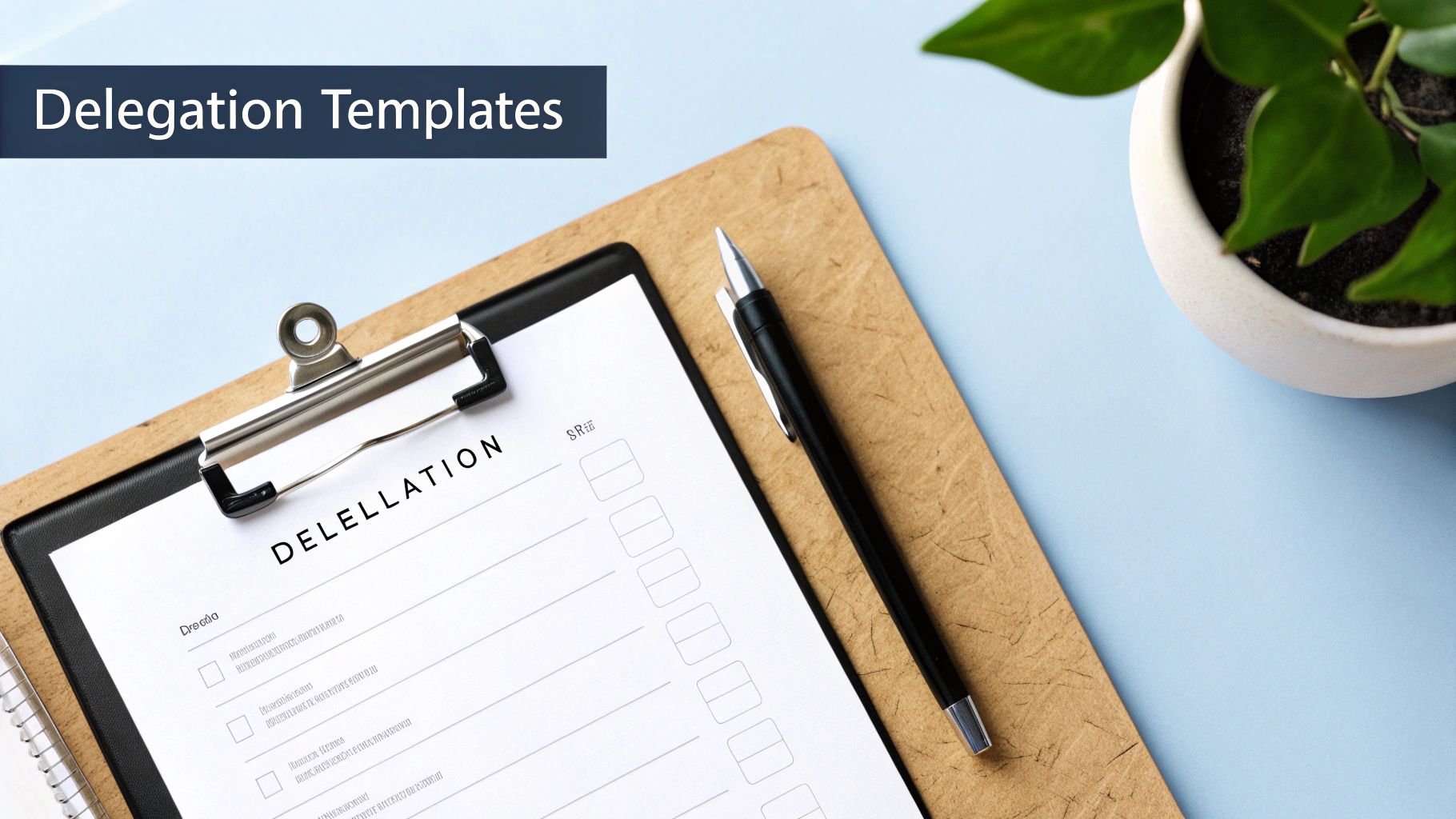 A top-down view of a clipboard with a 'DELELLATION' template, a pen, and a potted plant.