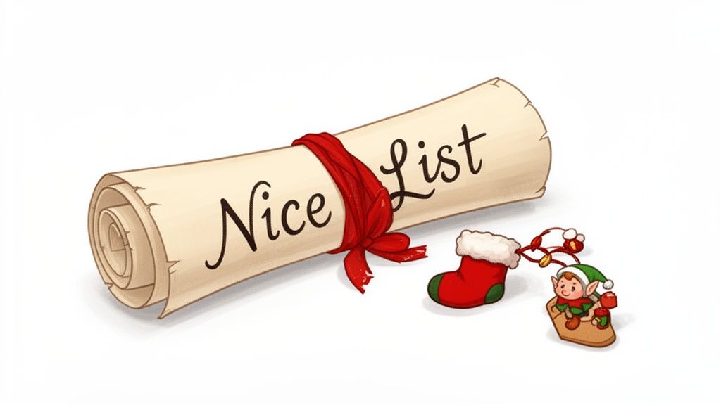 A festive 'Nice List' scroll tied with a red ribbon, next to a Christmas stocking and an elf.