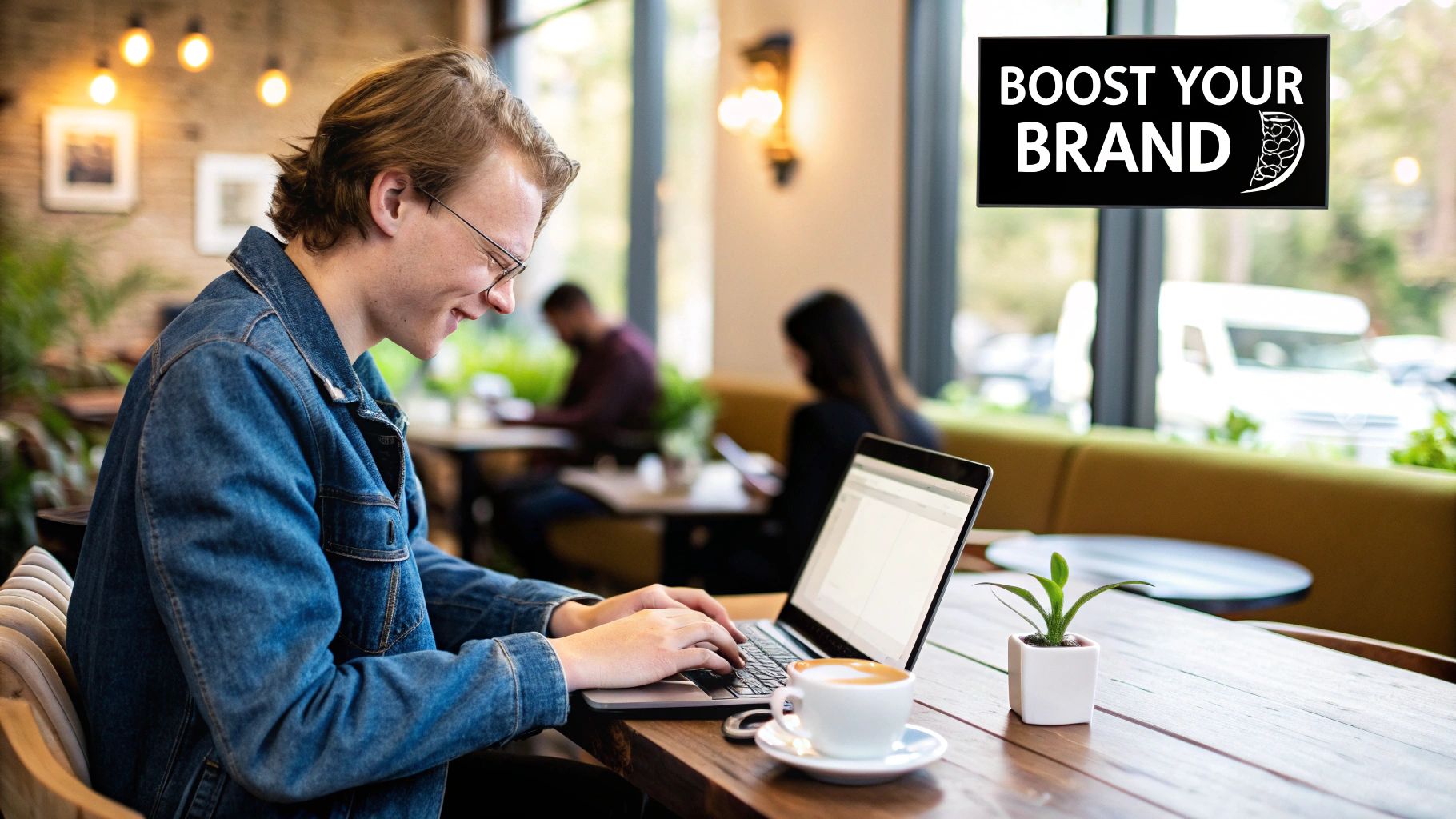 A person typing on a laptop with a cup of coffee nearby, representing a small business owner working on their blog.