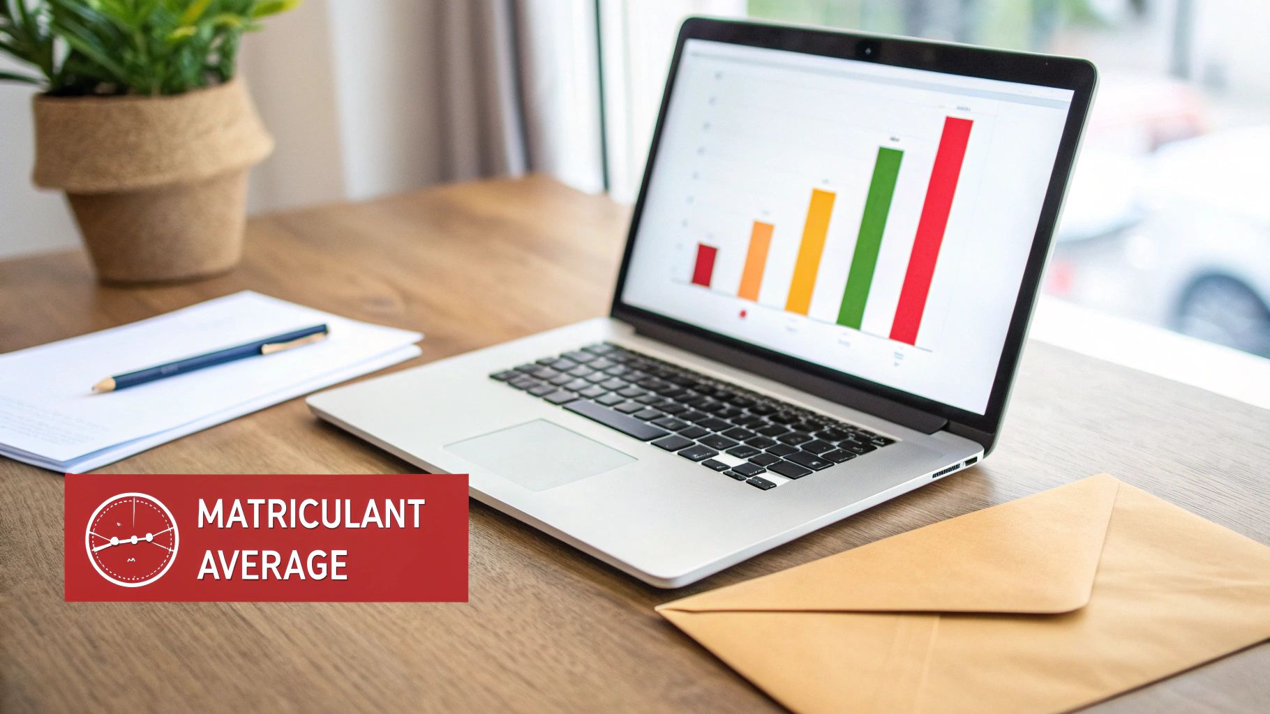 A laptop displaying a bar graph sits on a wooden desk with a pen, papers, a plant, and an envelope.