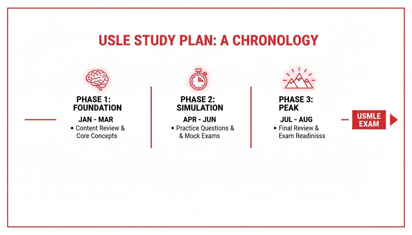 A chronological USMLE study plan outlining three distinct phases from January to August, leading to the exam.