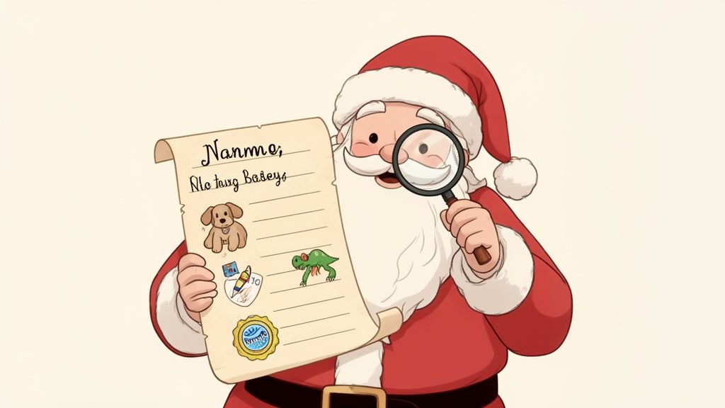 Santa Claus intently examining a child's Christmas wish list with a magnifying glass.