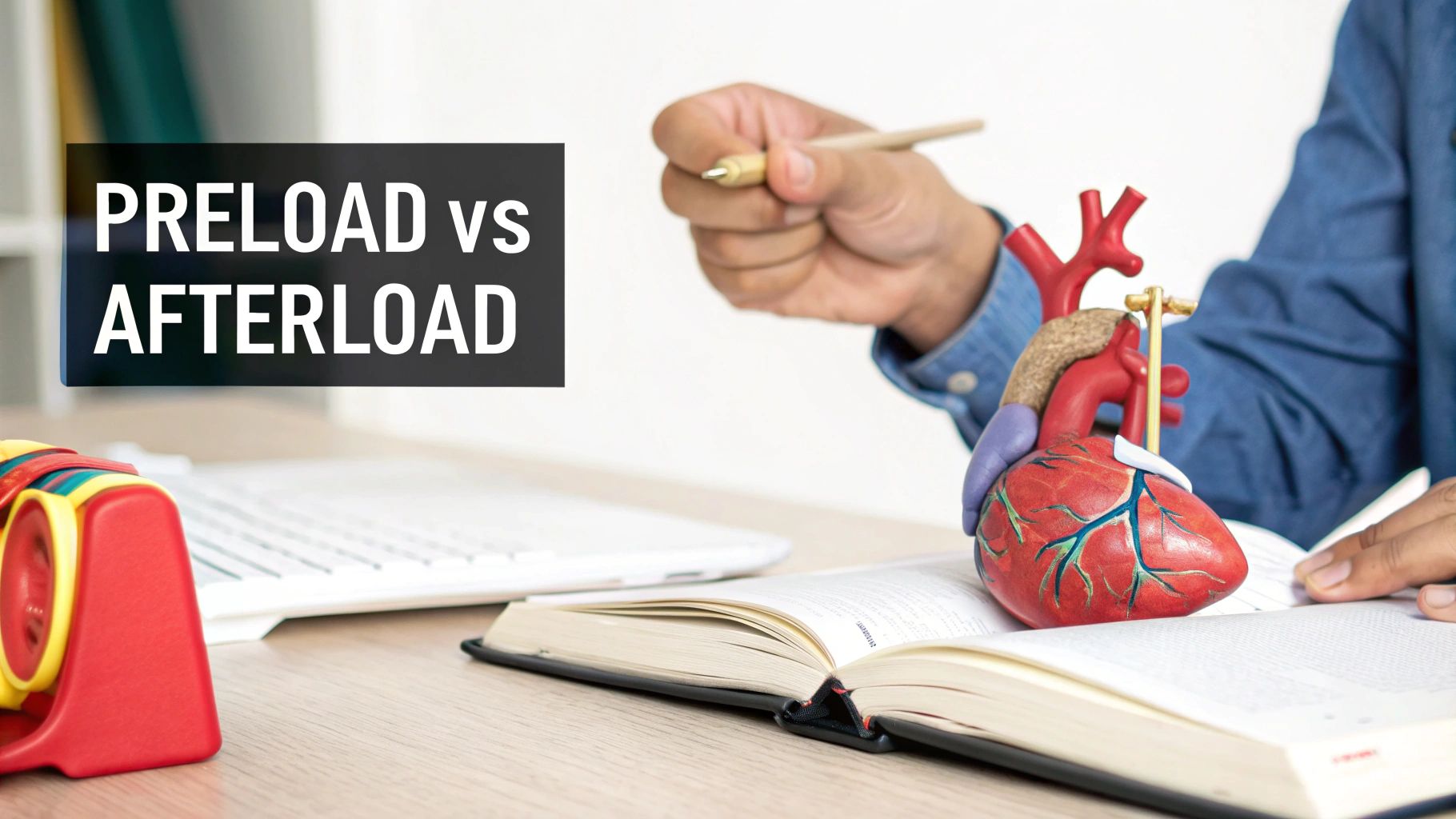 A person pointing to a heart model on an open book, illustrating 'PRELOAD vs AFTERLOAD' concepts.
