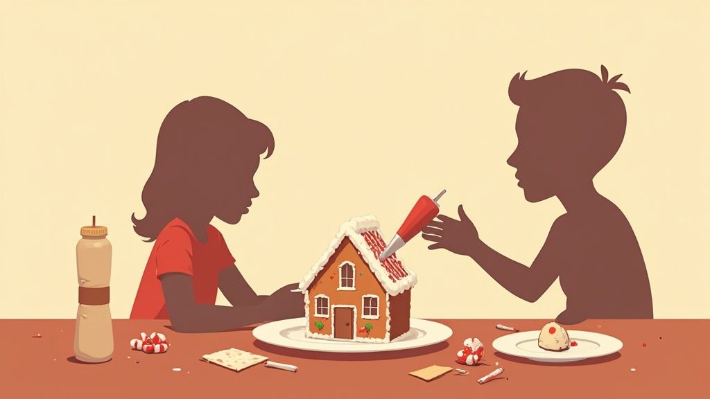 Teams collaborating to decorate a gingerbread house during a corporate Christmas party