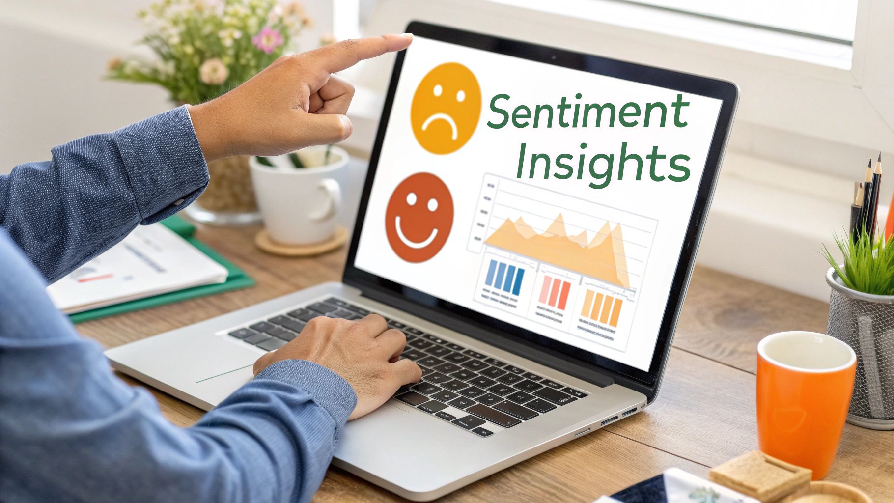 Person analyzing sentiment insights on a laptop, displaying happy and sad emojis with data graphs.