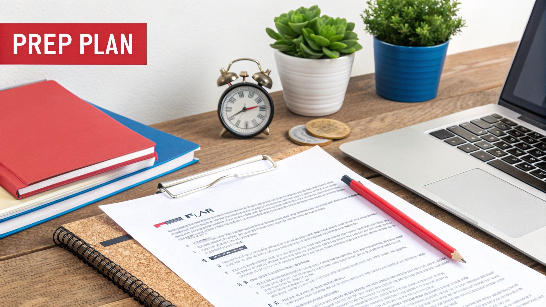 A study desk with books, a laptop, and documents, featuring a 'PREP PLAN' banner.