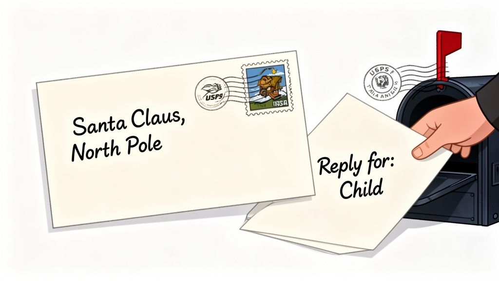 An envelope addressed to Santa Claus, North Pole, and a reply for a child being mailed.