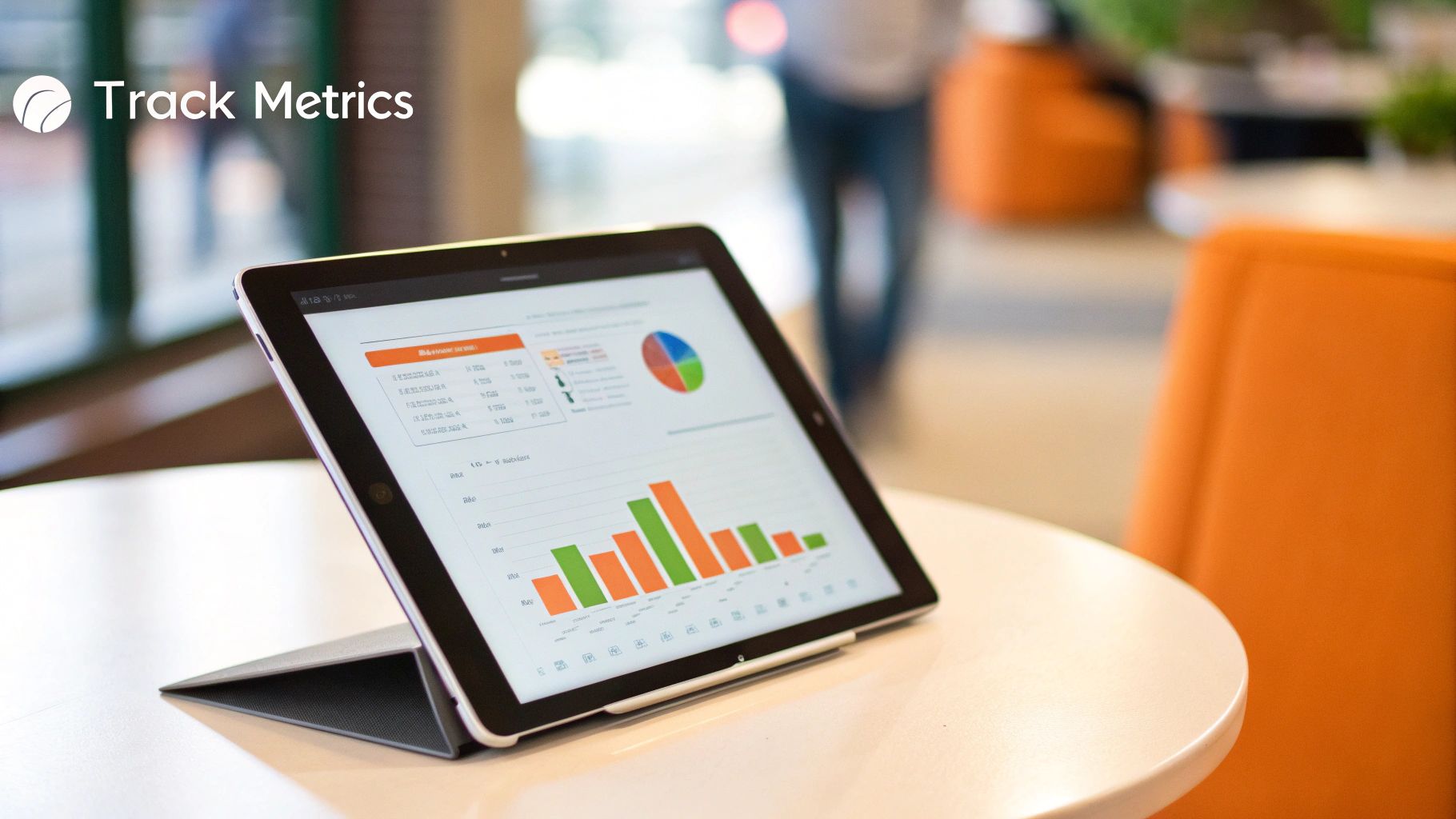 A tablet on a white table displays business analytics with colorful charts and graphs.