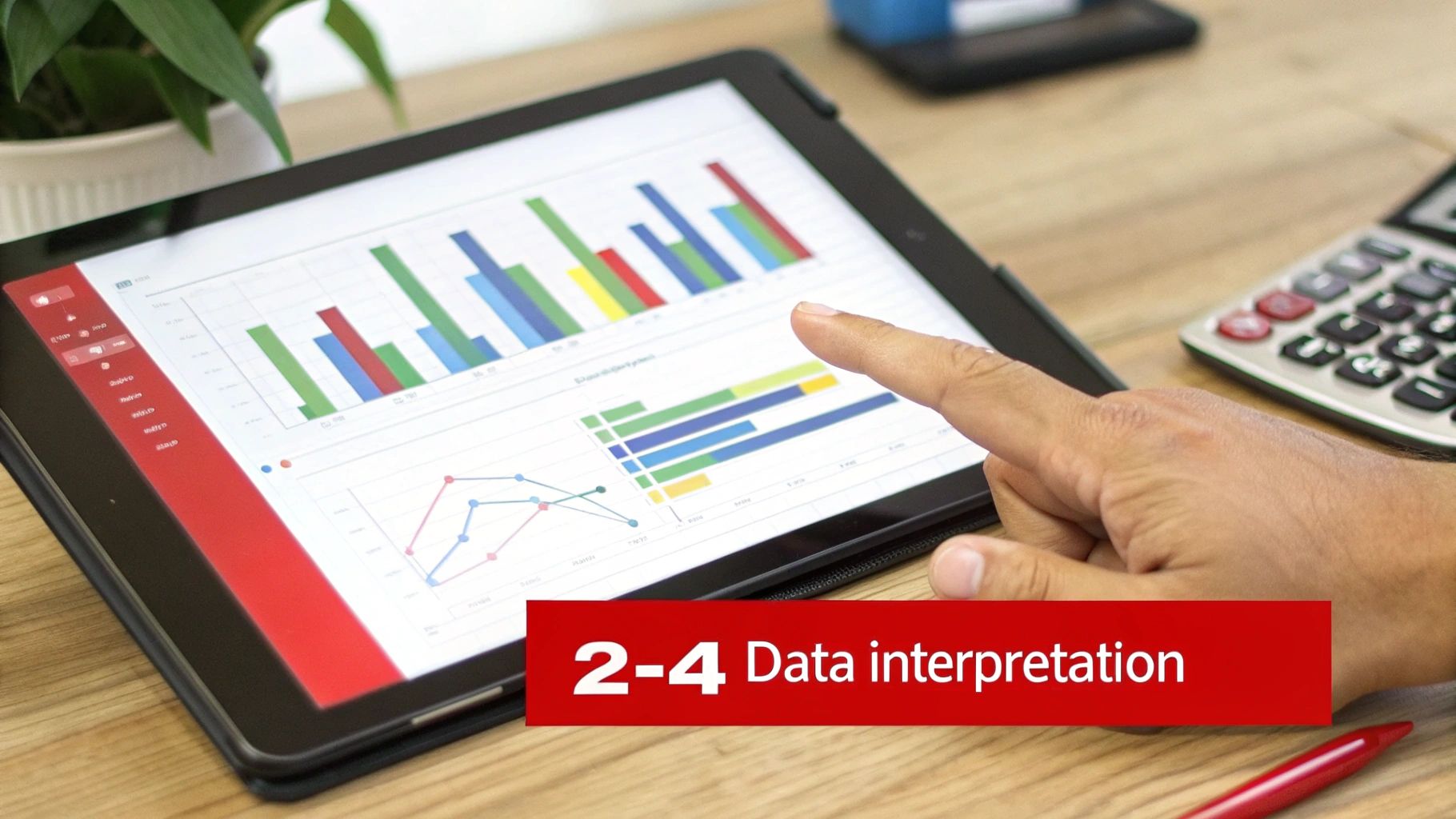 A hand points at a tablet displaying colorful data charts and graphs, illustrating data interpretation.