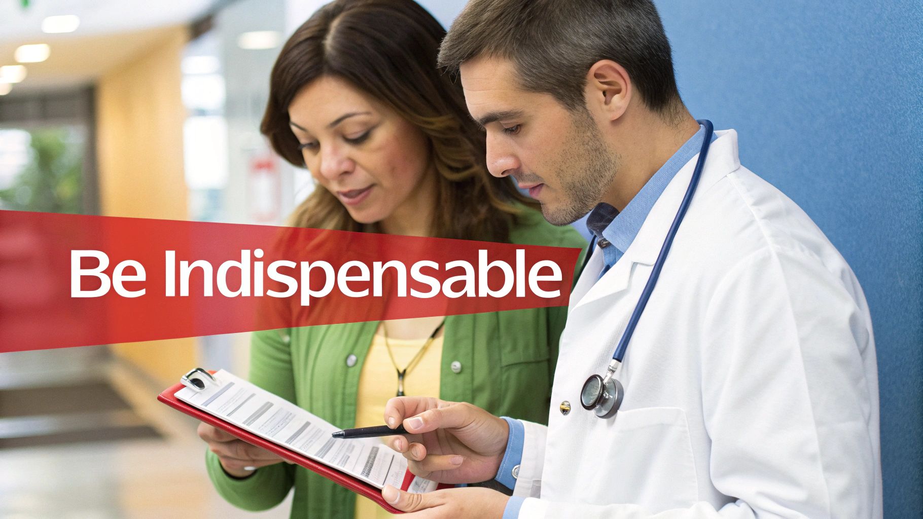 A doctor and patient review medical documents together, with text overlay reading "Be Indispensable."