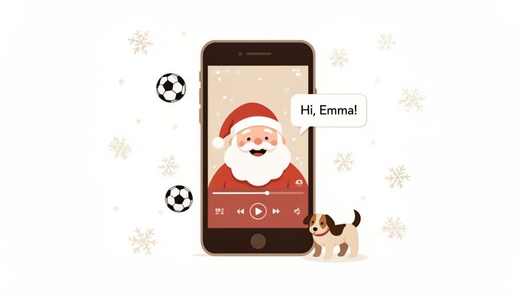 A smartphone shows Santa Claus on a video call saying "Hi, Emma!", with a dog and soccer balls.
