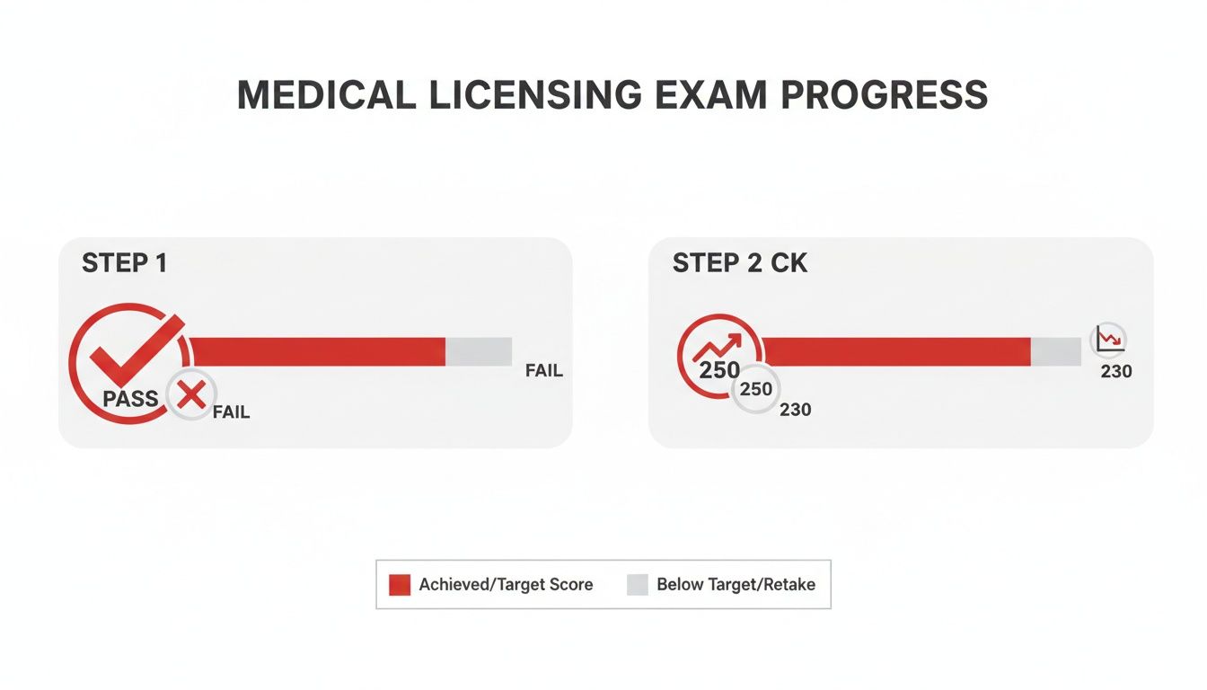 Medical licensing exam progress tracking passed Step 1 and Step 2 CK scores (250 achieved vs 230).