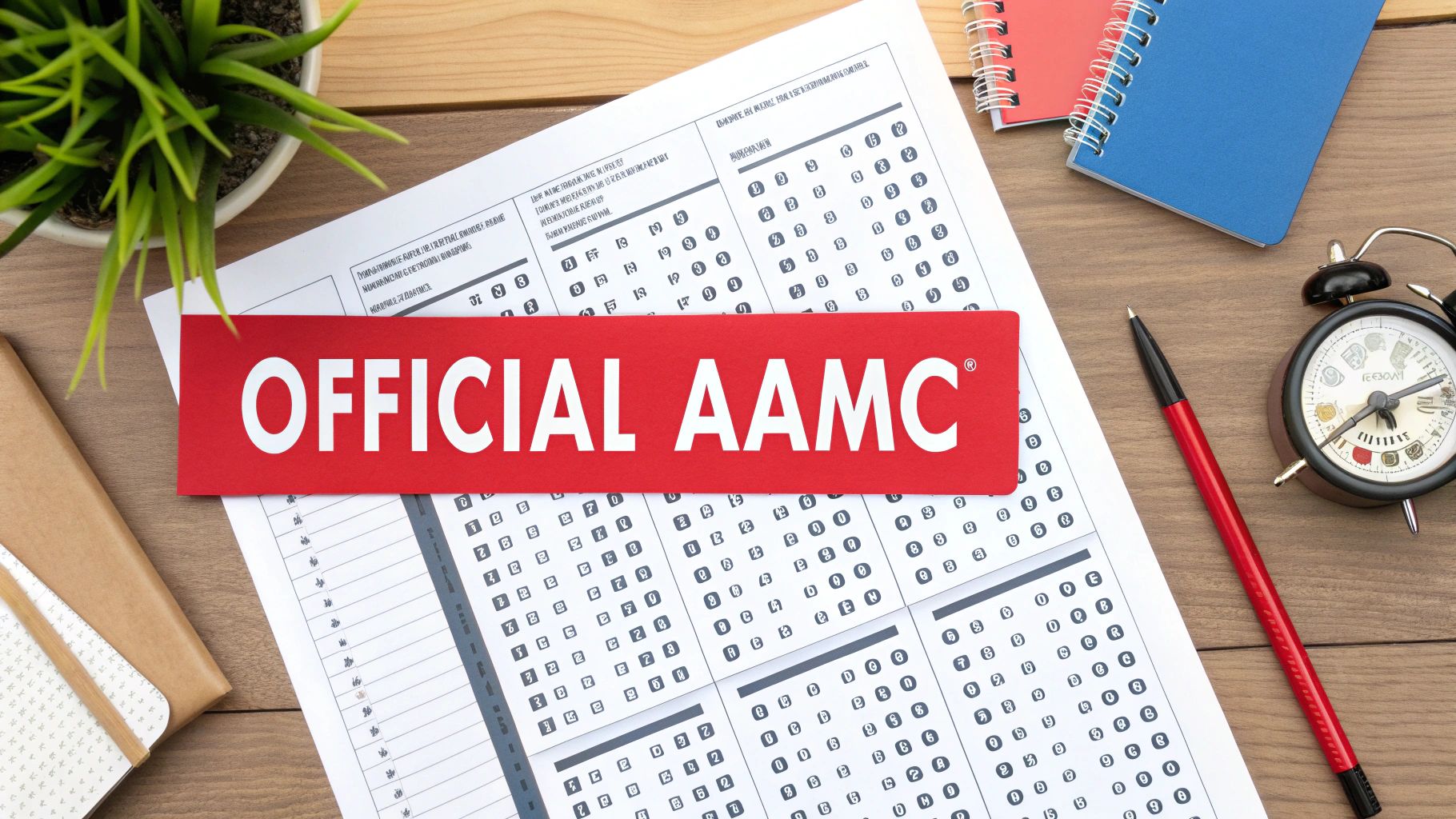 Red banner 'OFFICIAL AAMC' over an exam answer sheet with pen, alarm clock, and plant on a wooden desk.