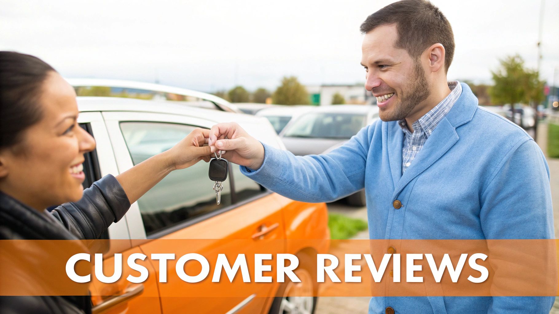 A happy woman receives car keys from a smiling man, likely after a car purchase.