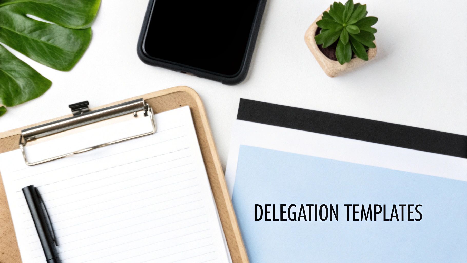 Flat lay of a white desk with a clipboard, pen, smartphone, plant, and a document titled 'DELEGATION TEMPLATES'.