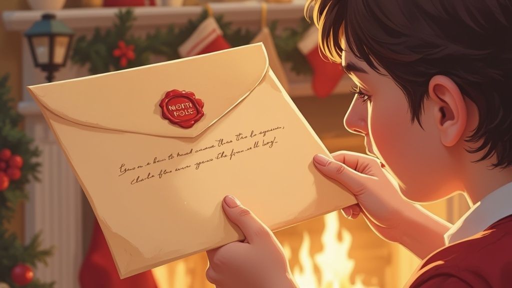 A child reading a letter from the North Pole, sealed with a red wax stamp, by a warm fireplace.