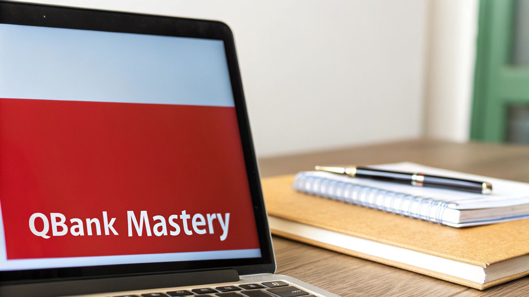 A laptop displaying 'QBank Mastery' on its screen next to notebooks and a pen on a wooden desk.