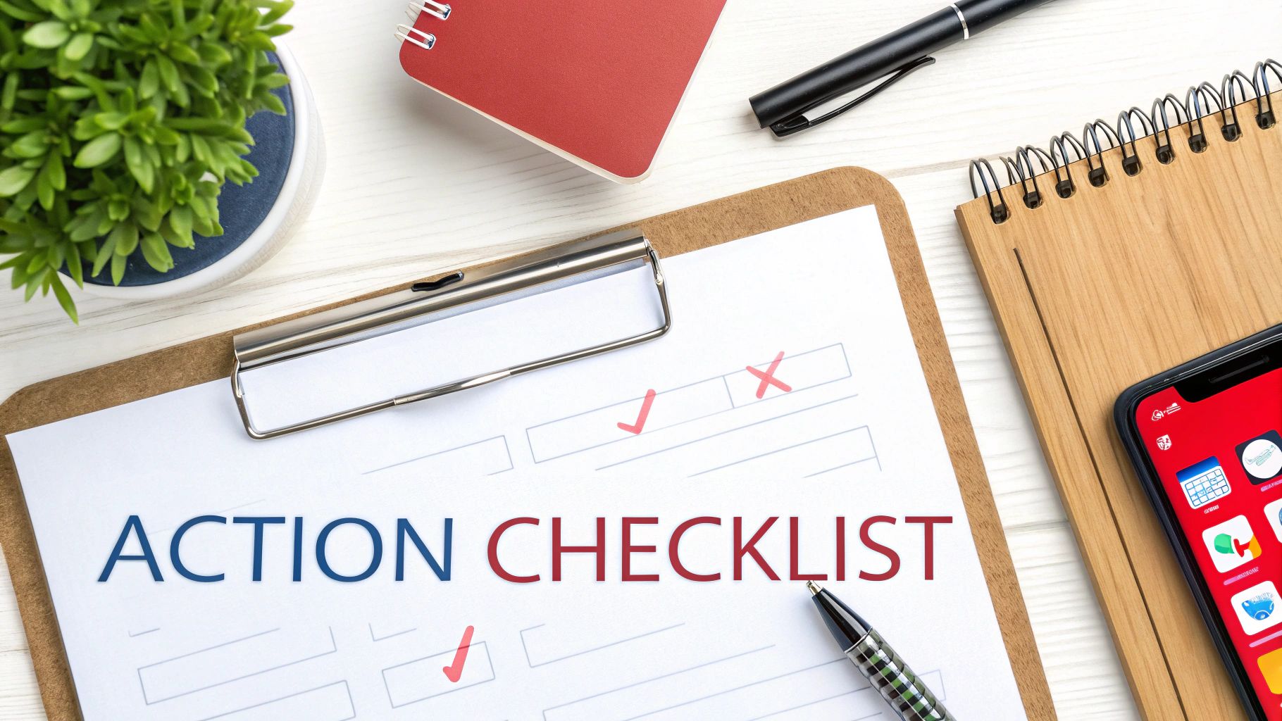 Overhead view of a clipboard with an 'ACTION CHECKLIST' alongside office supplies, a plant, and a smartphone.