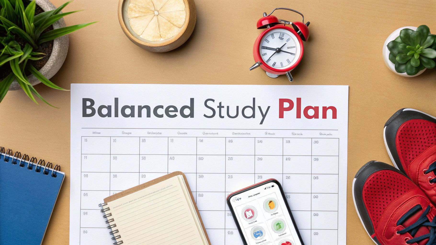 A flat lay of a 'Balanced Study Plan' calendar, notebooks, smartphone, alarm clock, plants, and red sneakers.