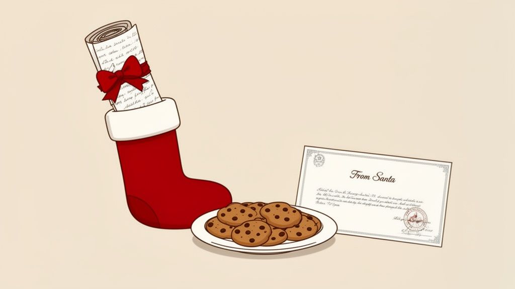 Festive holiday image featuring a red Christmas stocking, Santa's letter, and delicious chocolate chip cookies.