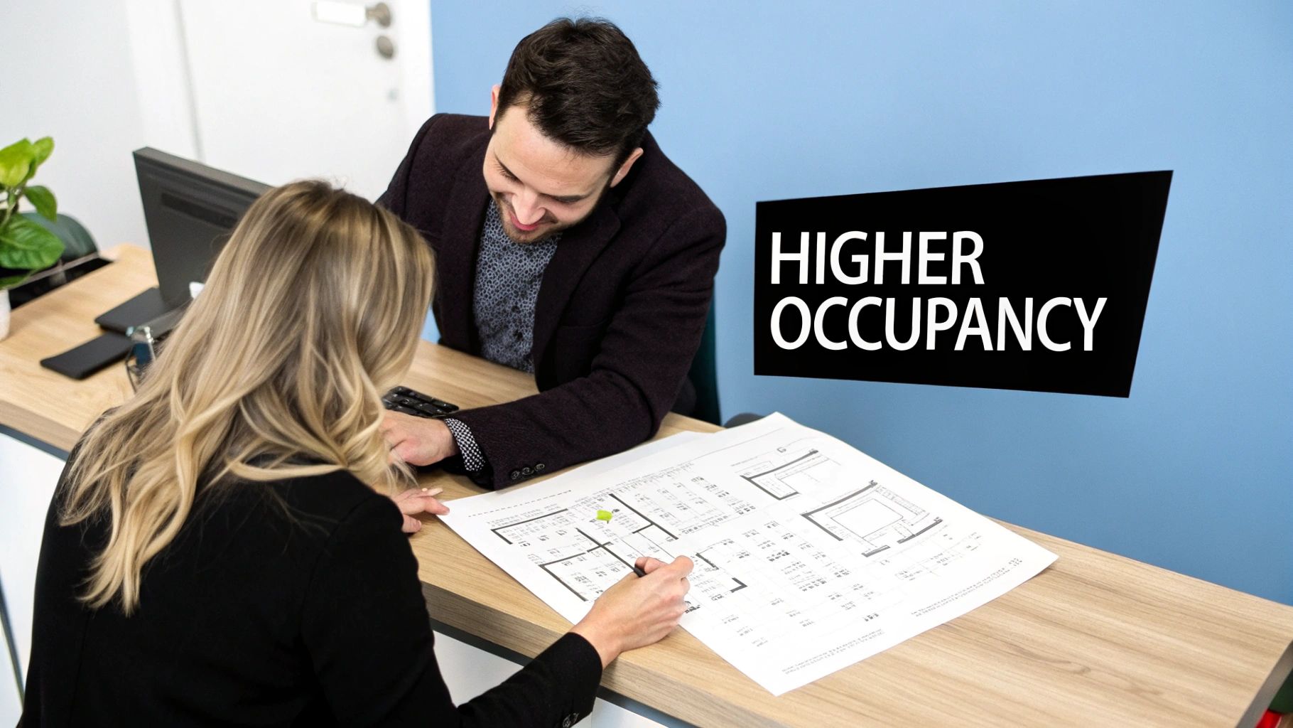 A modern apartment building with a clear sky, representing a well-managed property with high occupancy.