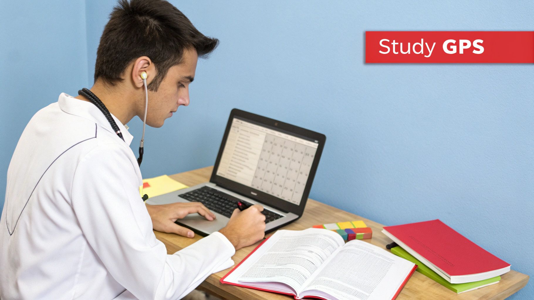 A dedicated medical student in a white coat studying with a laptop, textbook, and earbuds.