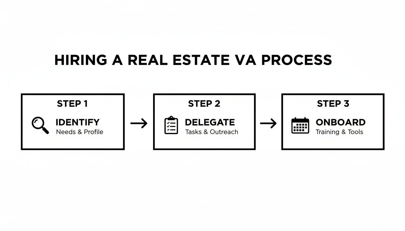 Process diagram outlining three steps for hiring a real estate virtual assistant: identify, delegate, onboard.
