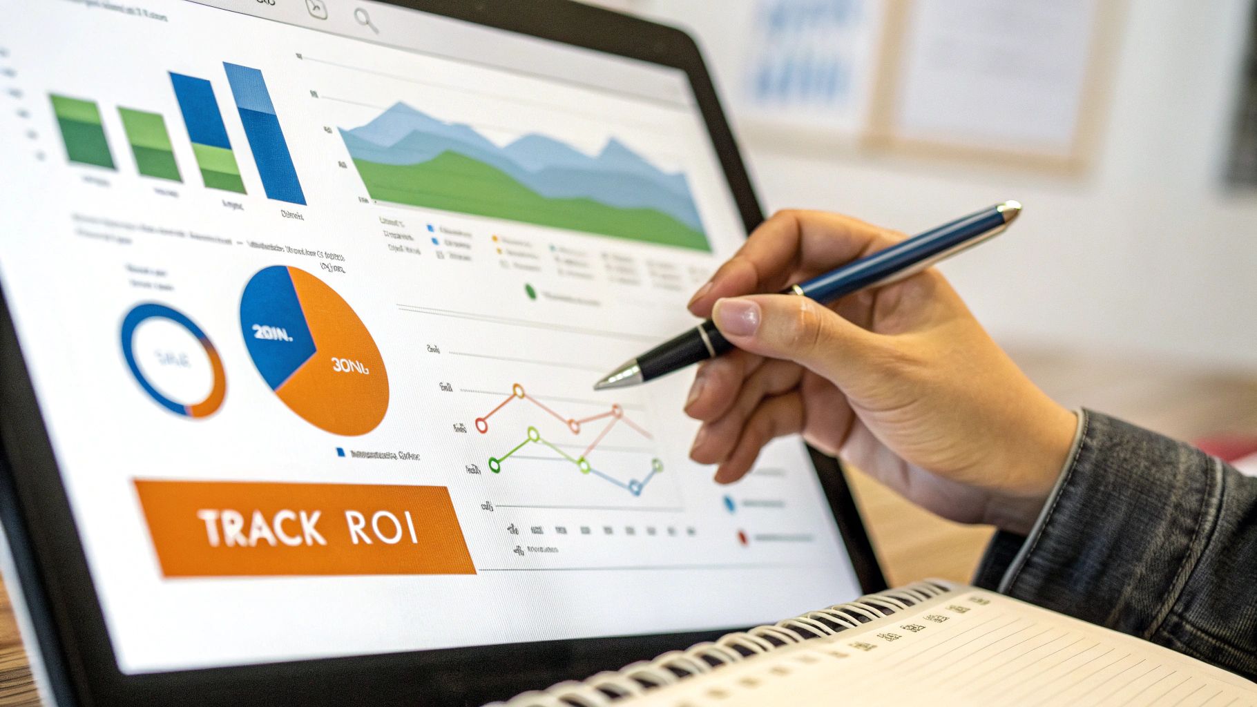 Person analyzing business data on a laptop screen with graphs, charts, and "TRACK ROI".