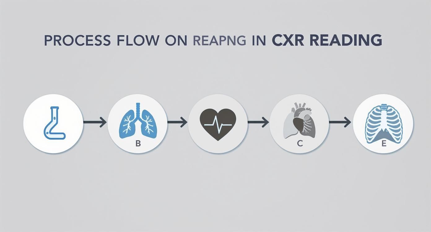 Process flow diagram for CXR reading, illustrating the systematic review of airways, lungs, heart, and ribs.