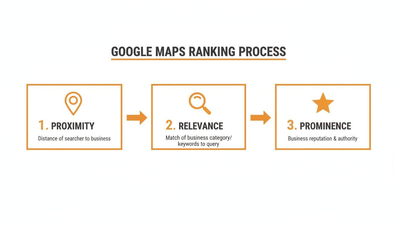 A diagram illustrating the Google Maps ranking process based on proximity, relevance, and prominence factors.
