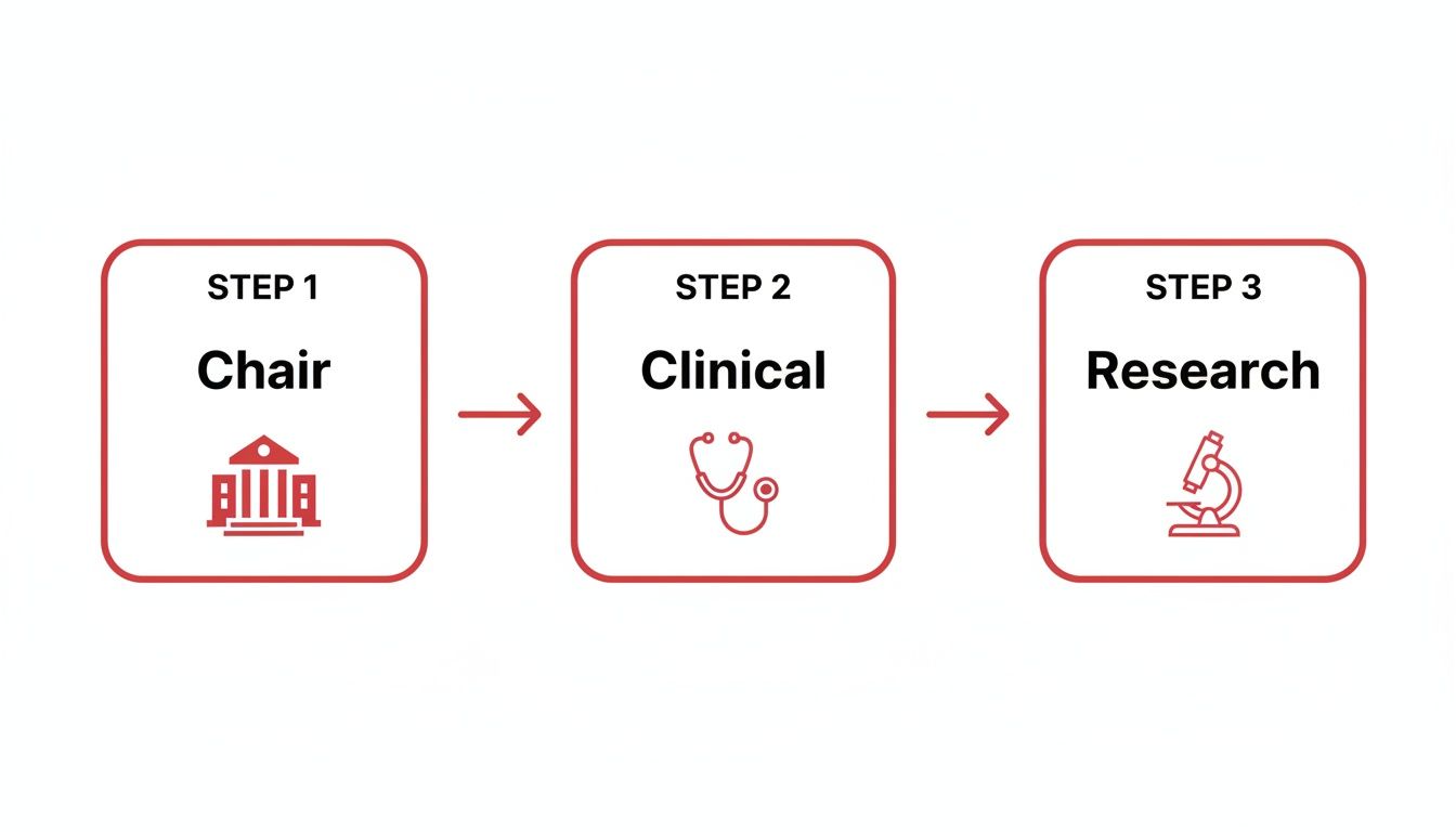 A three-step process diagram illustrating Chair, Clinical, and Research stages with corresponding icons.
