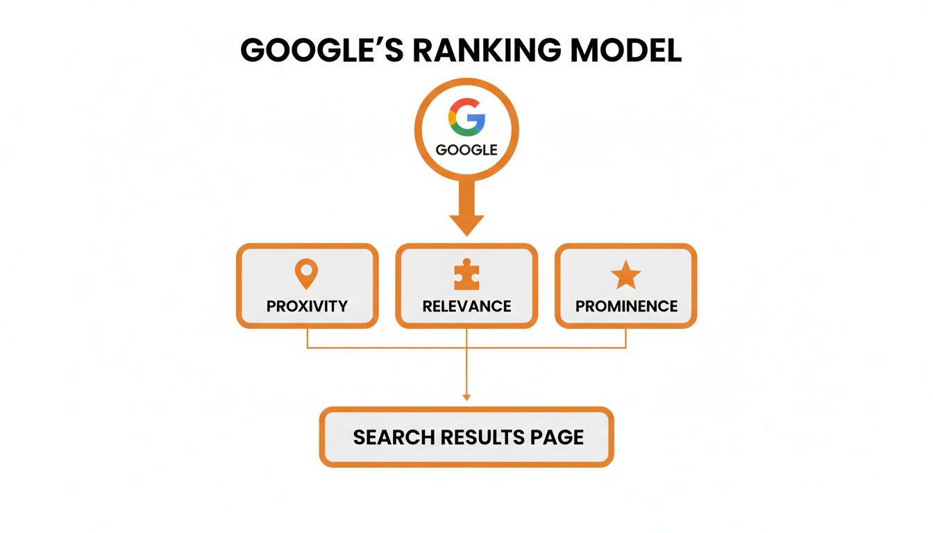 Diagram showing Google's ranking model, including proximity, relevance, and prominence, leading to search results.