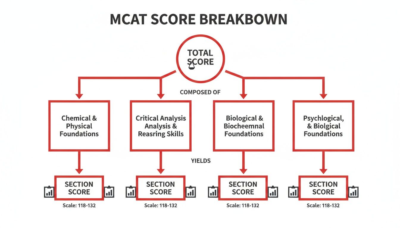 Diagram illustrating the MCAT score breakdown, showing total score, four sections, and individual section scores.