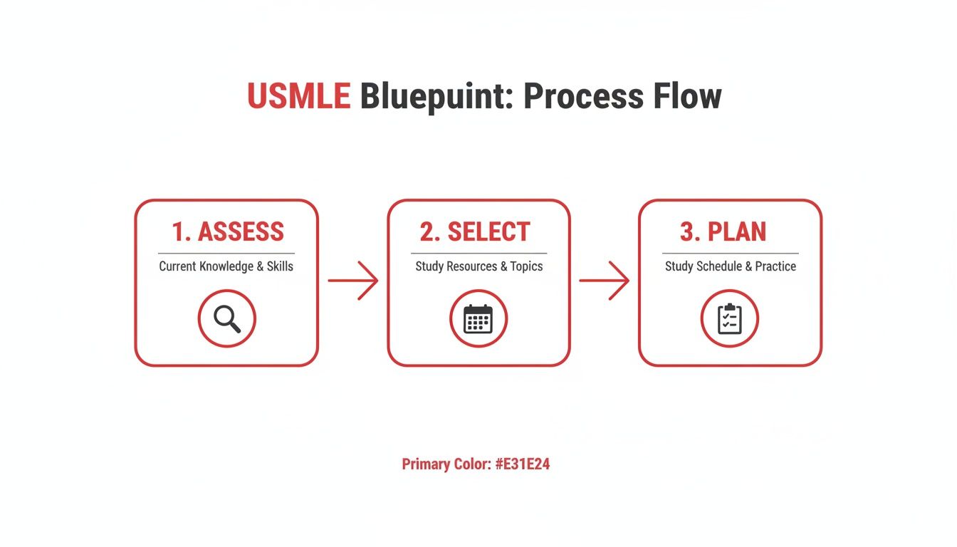 A flowchart detailing the USMLE Blueprint process: Assess, Select, and Plan for exam preparation.