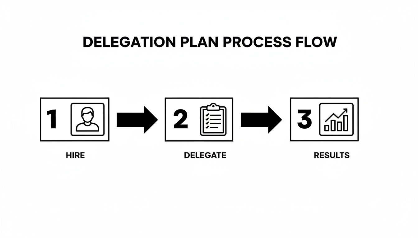 A clear three-step delegation plan process flow with icons: Hire, Delegate, and Results.