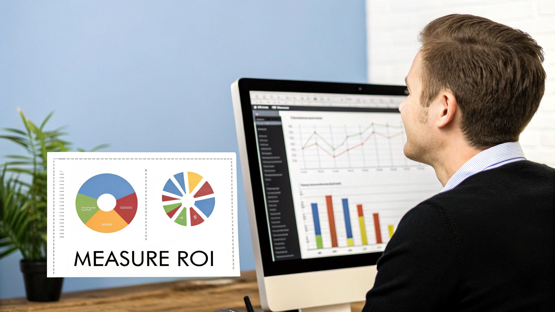 A man analyzes business data, charts, and 'MEASURE ROI' text on a computer screen.