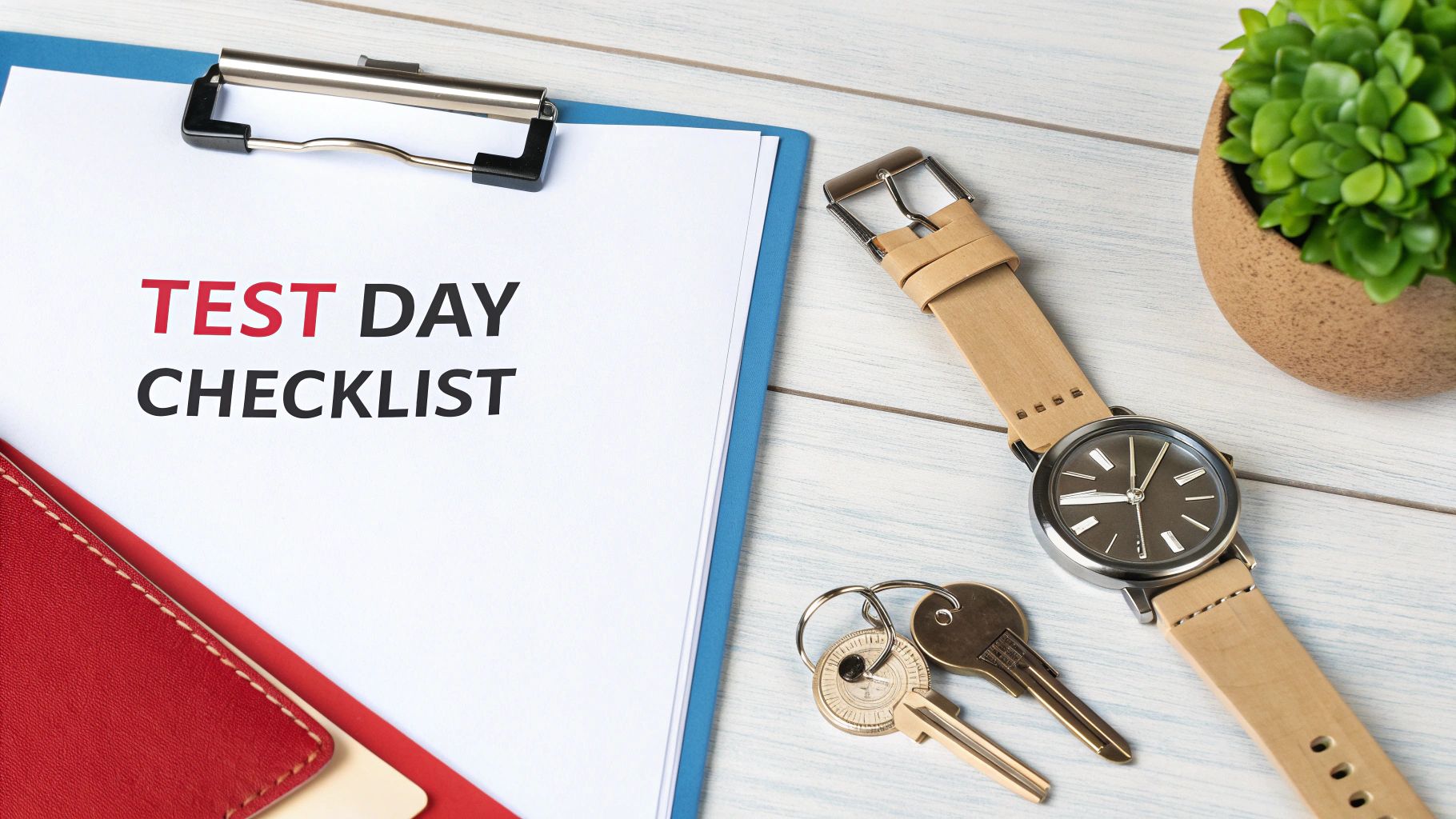 A test day checklist on a clipboard next to a watch, keys, and a plant on a desk.