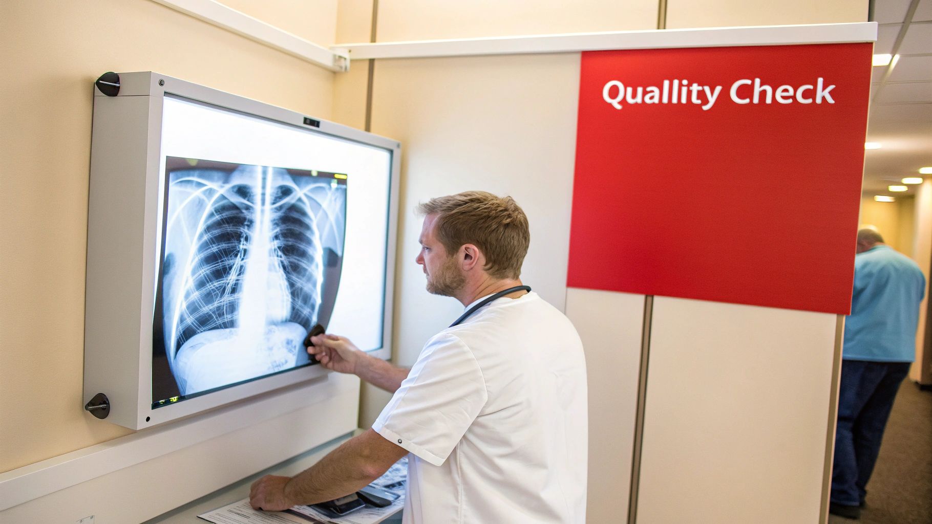 A male doctor in a white coat examines a chest X-ray on a light box, performing a quality check.