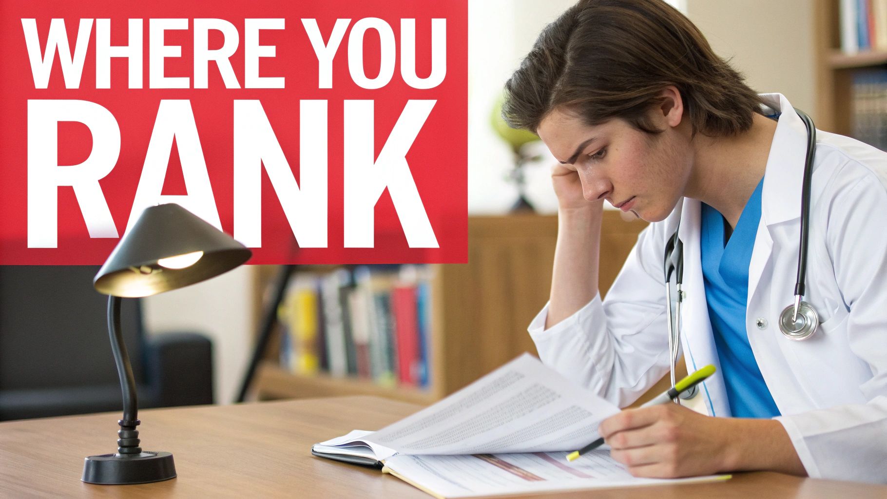 A focused medical student in a lab coat studies documents, with 'WHERE YOU RANK' text on a red banner.