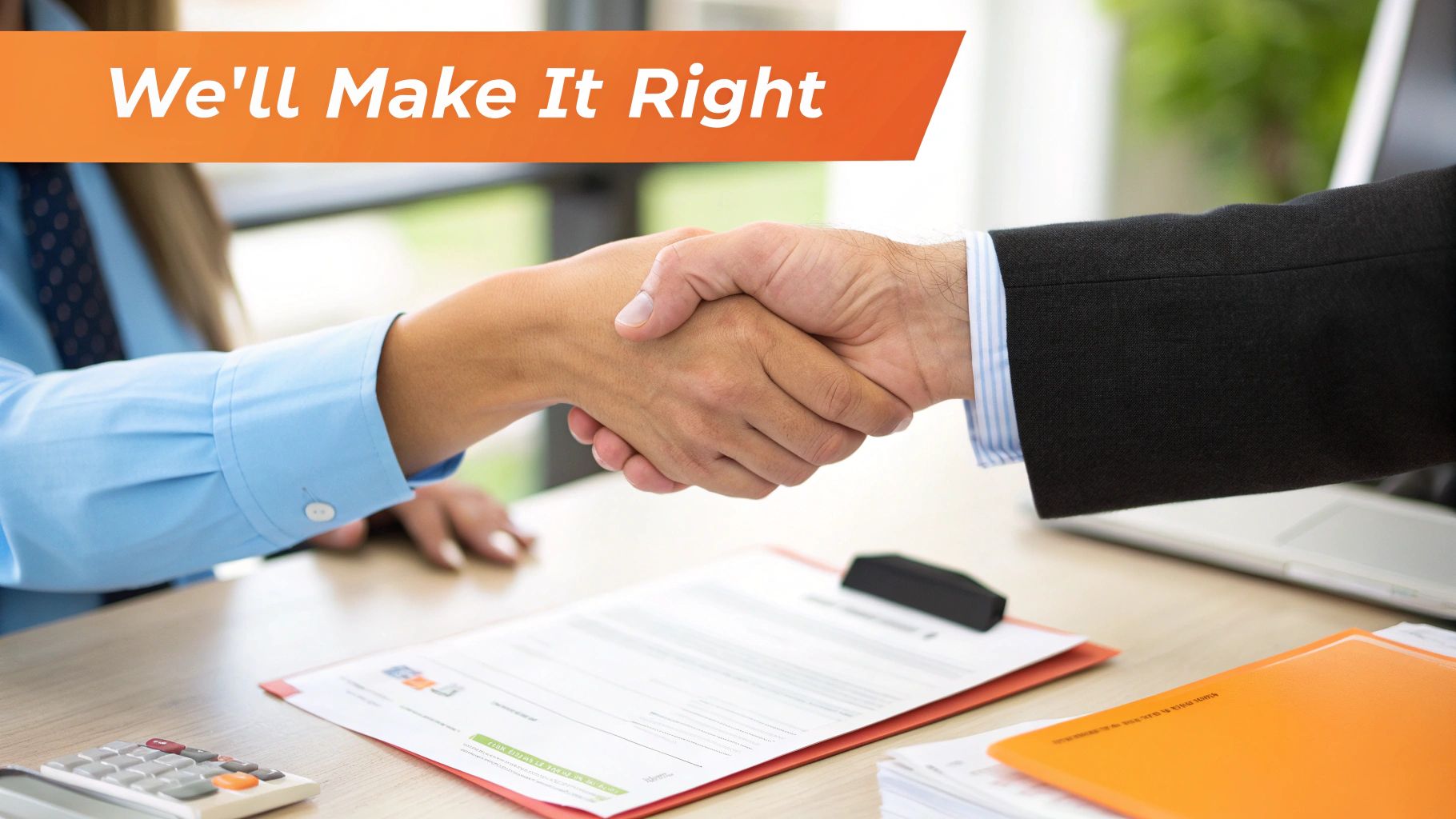 Two business professionals shaking hands over a desk with documents and a calculator, symbolizing agreement.